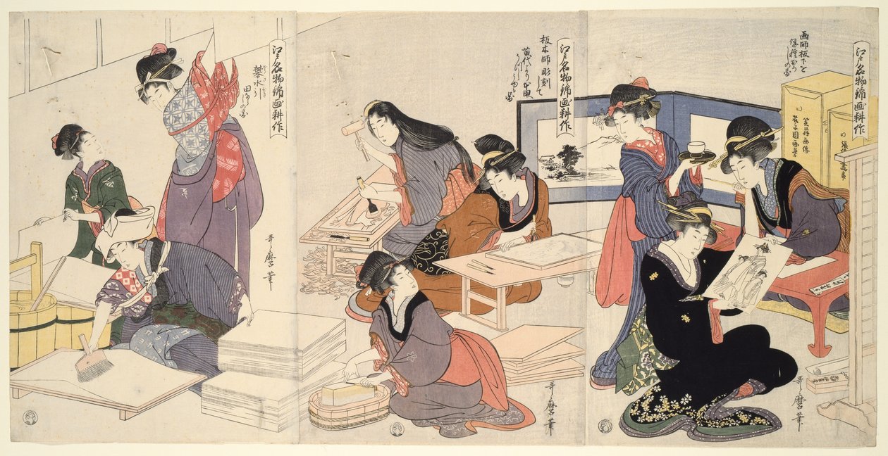 江户名产织锦版画的培育》系列中的艺术家、雕刻师、上浆（Eshi, hangashi, dosa-biki）。 作者 北川宇多郎