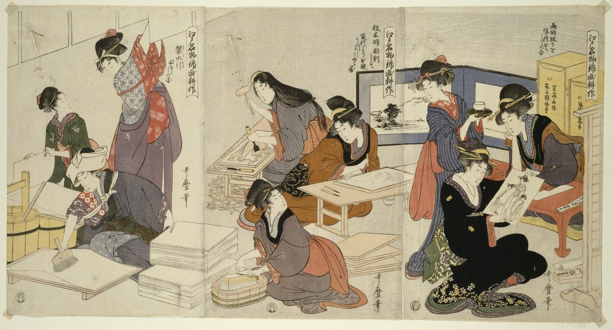 艺术家，大块雕刻师，《上浆》，出自《江户的著名产品：锦缎版画的培养》，约1803年 作者 北川宇多郎