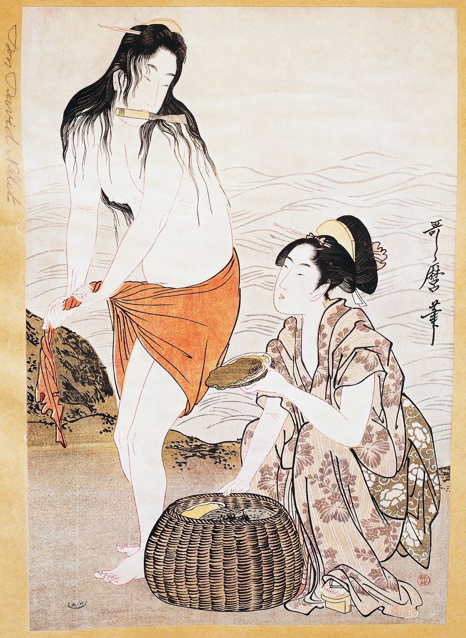 水中的阿瓦比（软体动物）渔民，北川宇太郎（1753-1806）的浮世绘艺术版画，木刻，日本文明，江户时代 作者 北川宇多郎