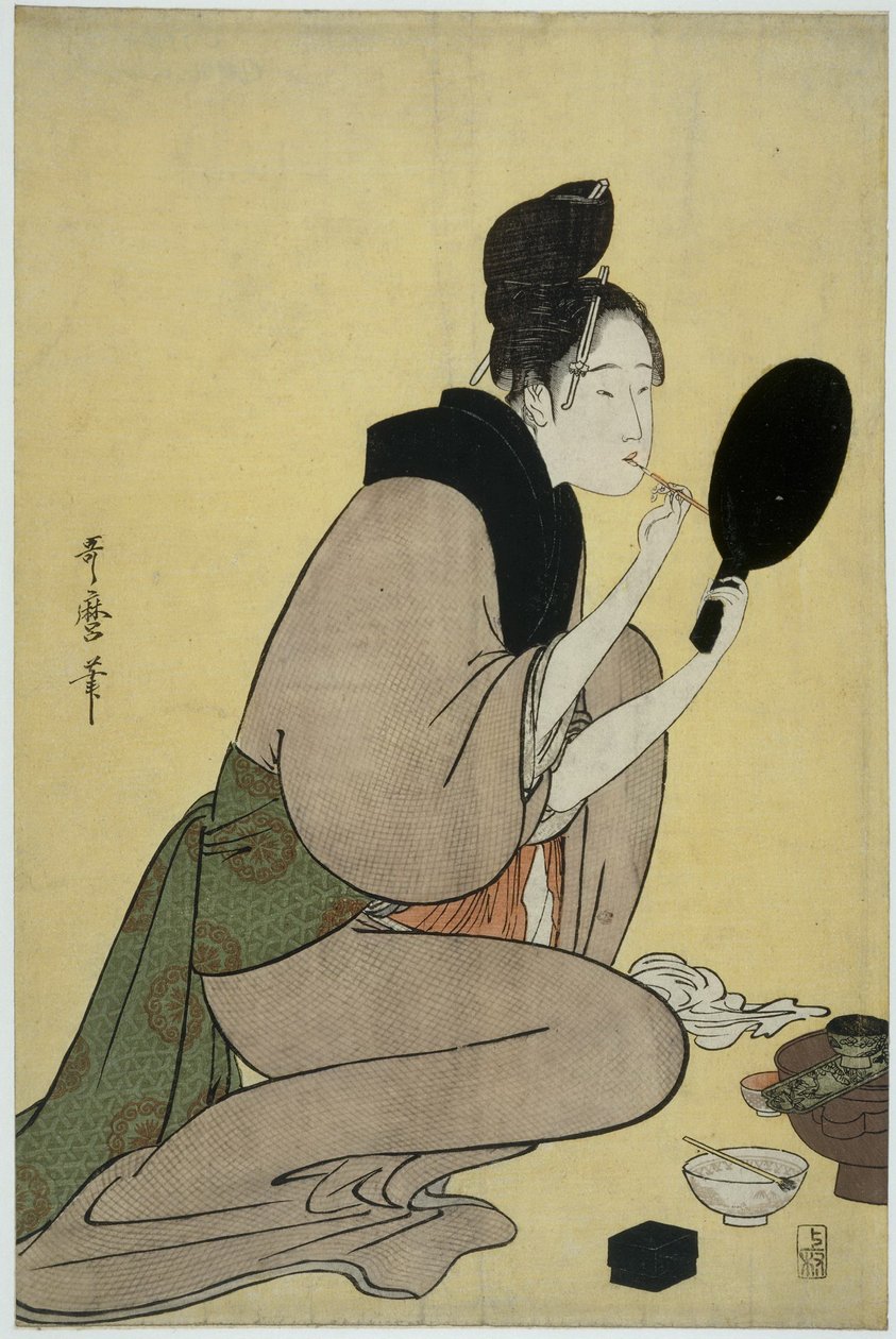 美人化妆到她的嘴唇的女孩 作者 北川宇多郎