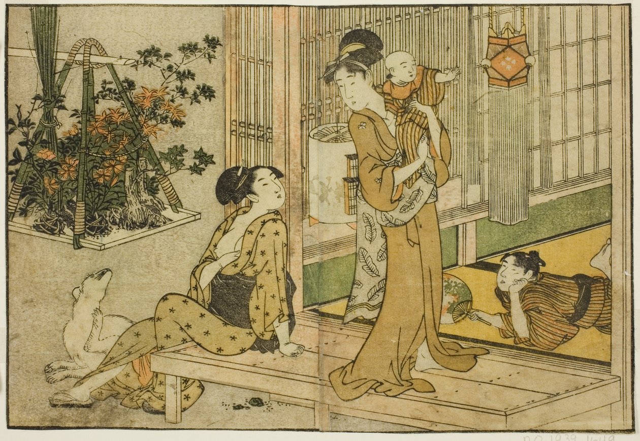 盂兰盆节灯笼和卖花人，选自绘本《图画书：四季之花》，第 2 卷 作者 北川宇多郎