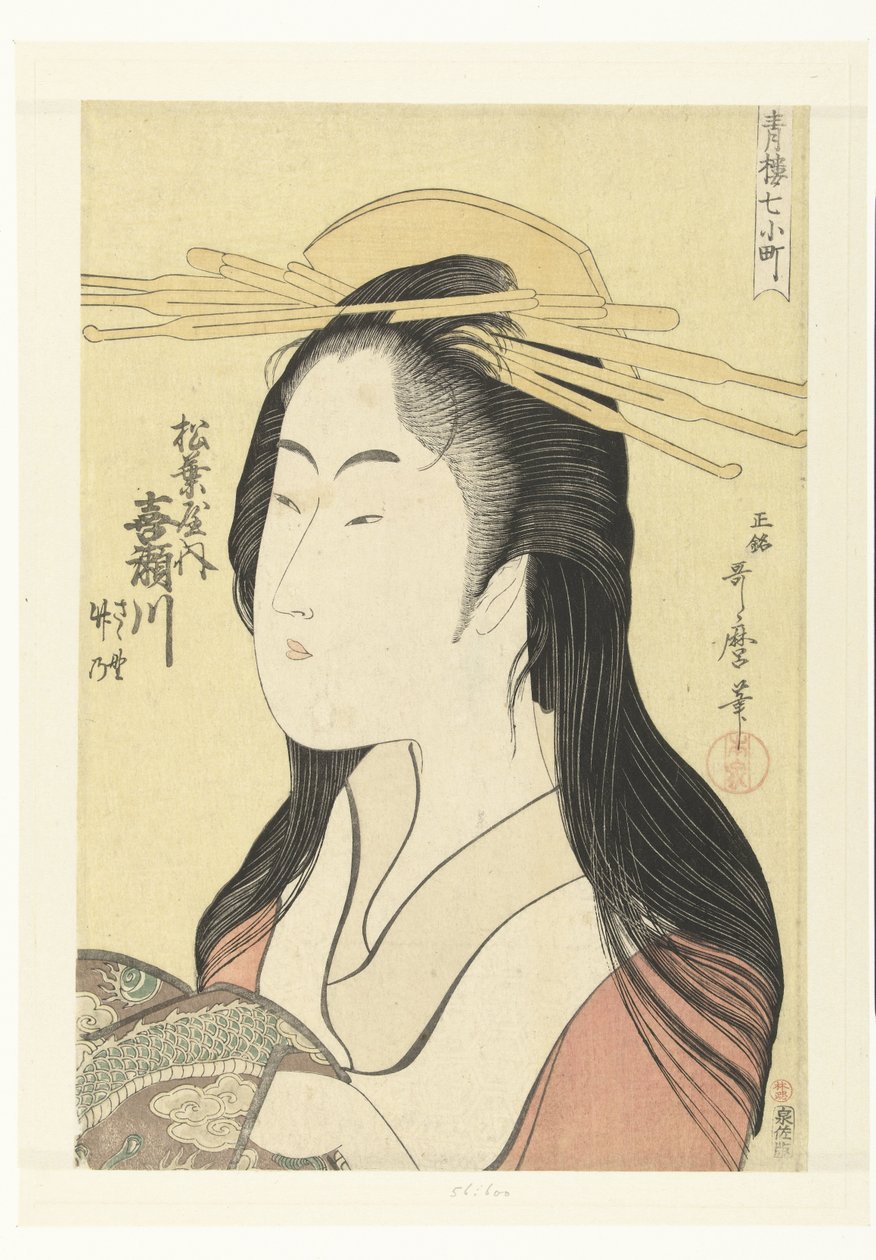 松叶屋的名妓黄濑川半身像。 松谷内黄濑川（物体上的标题） 游乐屋里的七小町（系列名） Seiro nana Komachi（物体上的系列标题） 作者 北川宇多郎