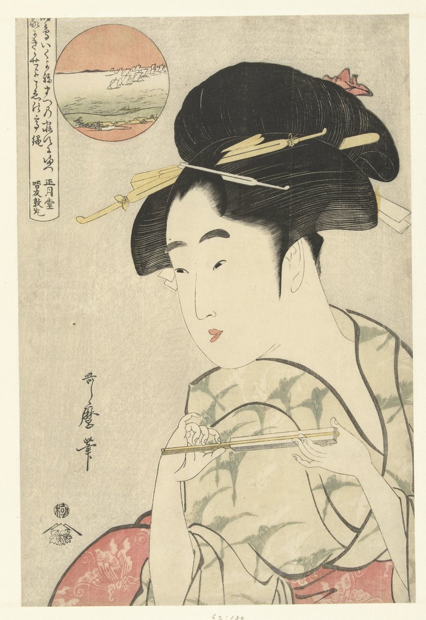 一个拿着扇子的年轻女子的半身像 作者 北川宇多郎