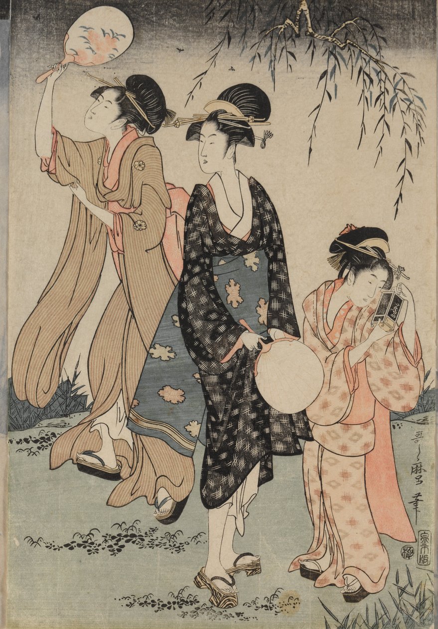 在柳树中心下捉萤火虫，c。 1796-1797。 作者 北川宇多郎