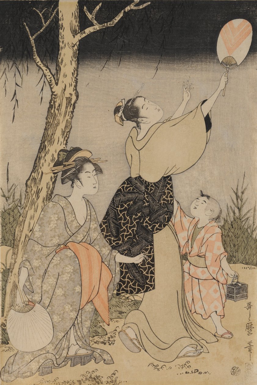 在左侧的柳树下捉萤火虫，c。 1796-1797。 作者 北川宇多郎