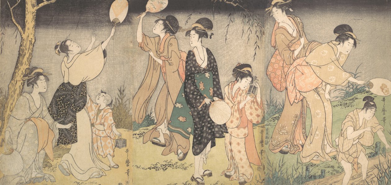 捕捉萤火虫 Hotaru gari, 约1796-97。 作者 北川宇多郎