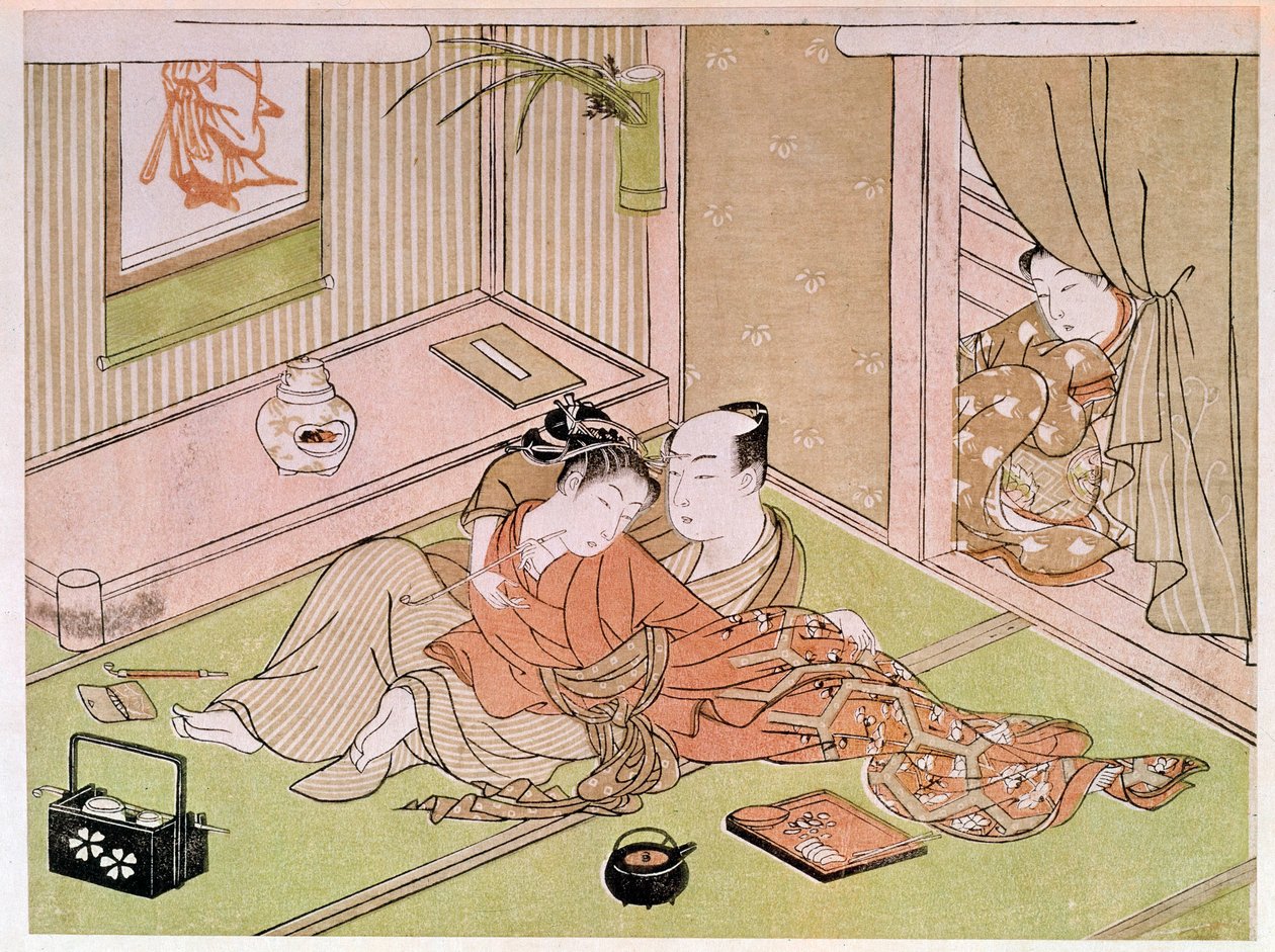 情侣在北川歌郎（1753-1806）的日本女仆版画的注视下爱抚。 18世纪。 巴黎，吉美博物馆，亚洲艺术国家博物馆 作者 北川宇多郎