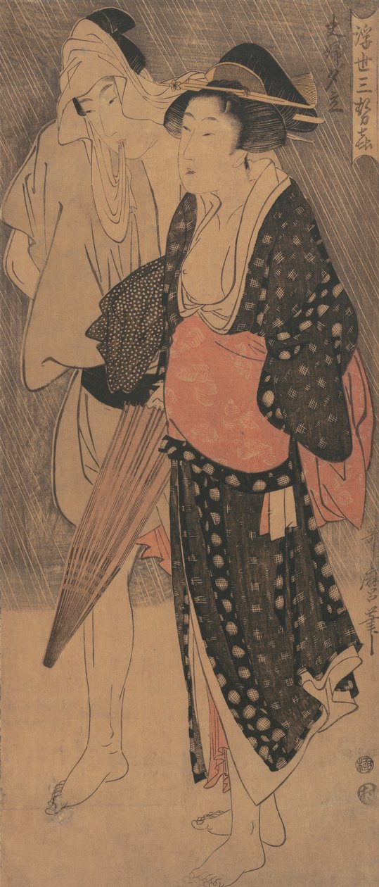 晚间淋浴中的夫妇......，约1800年。 作者 北川宇多郎
