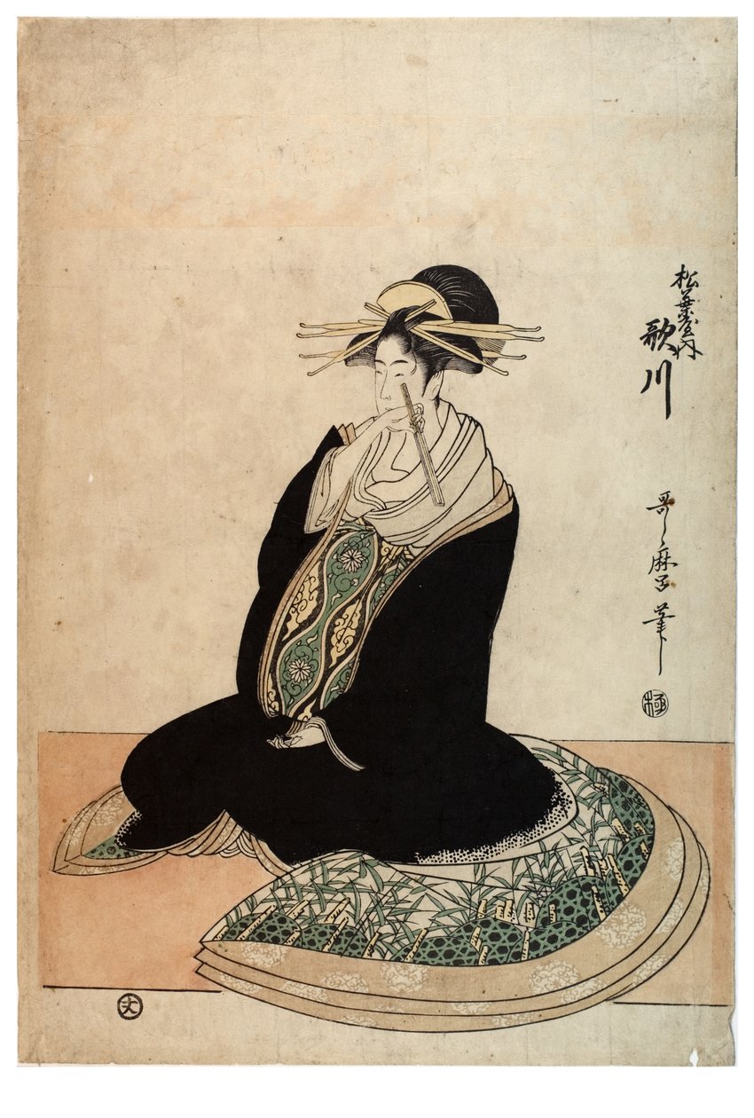 松屋妓院的歌妓宇多川，约1758-1806（纸上木版画） 作者 北川宇多郎