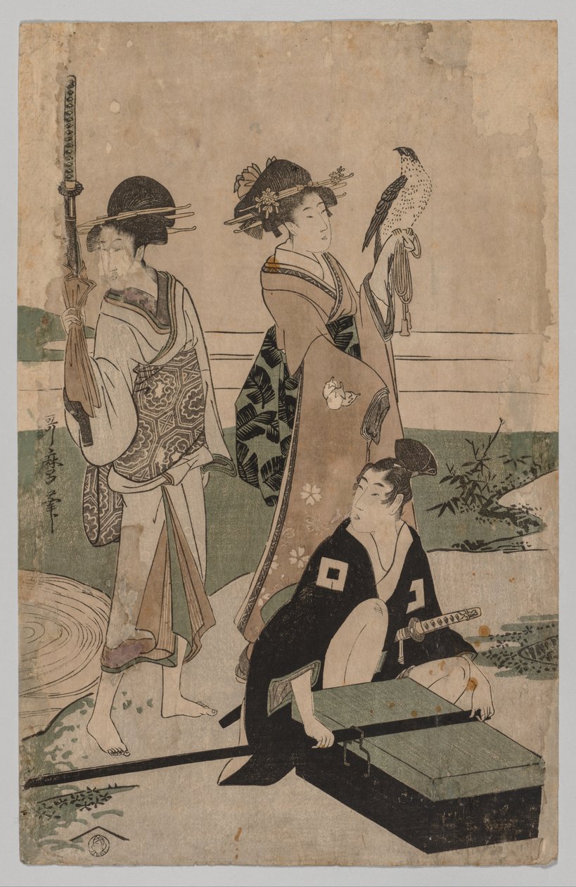 1935年至1806年，达米欧（Daimio）和他的随从在富士附近的平原上越过溪流。 作者 北川宇多郎