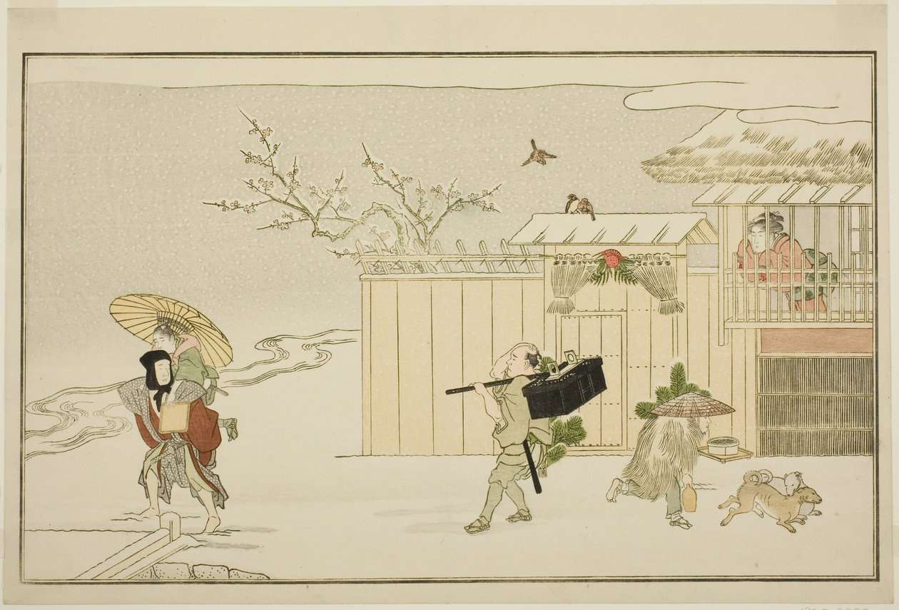 雪中送年礼，选自绘本京剧选集《少年惠比寿（和歌惠比寿）》。 作者 北川宇多郎