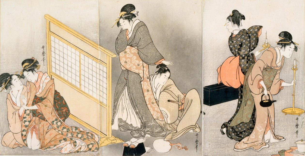 双枕头。三联画，约1794年 作者 北川宇多郎