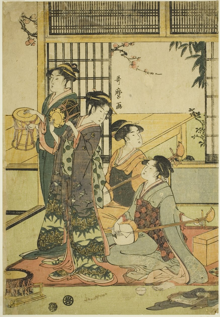 鼓和三味线（彩色木版画；aiban） 作者 北川宇多郎