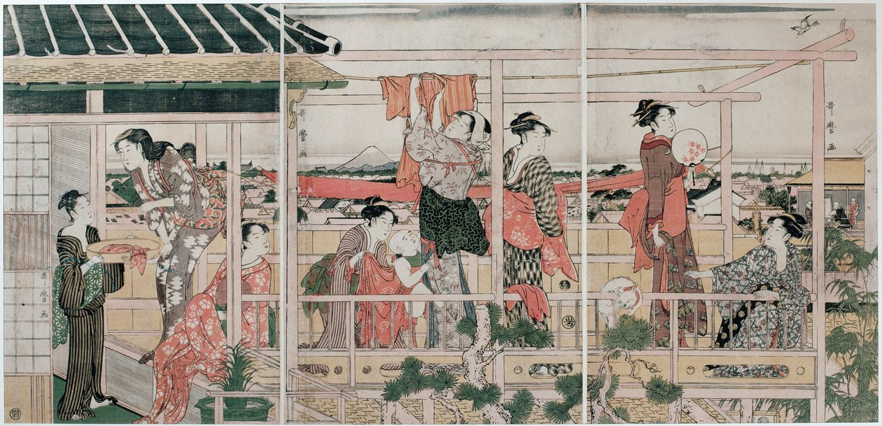晾衣服c。 1790年 作者 北川宇多郎