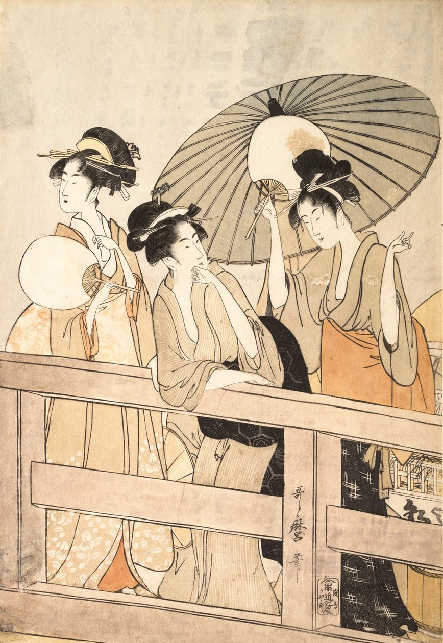 在桥上和桥下享受清凉的晚风，约1800年。 作者 北川宇多郎