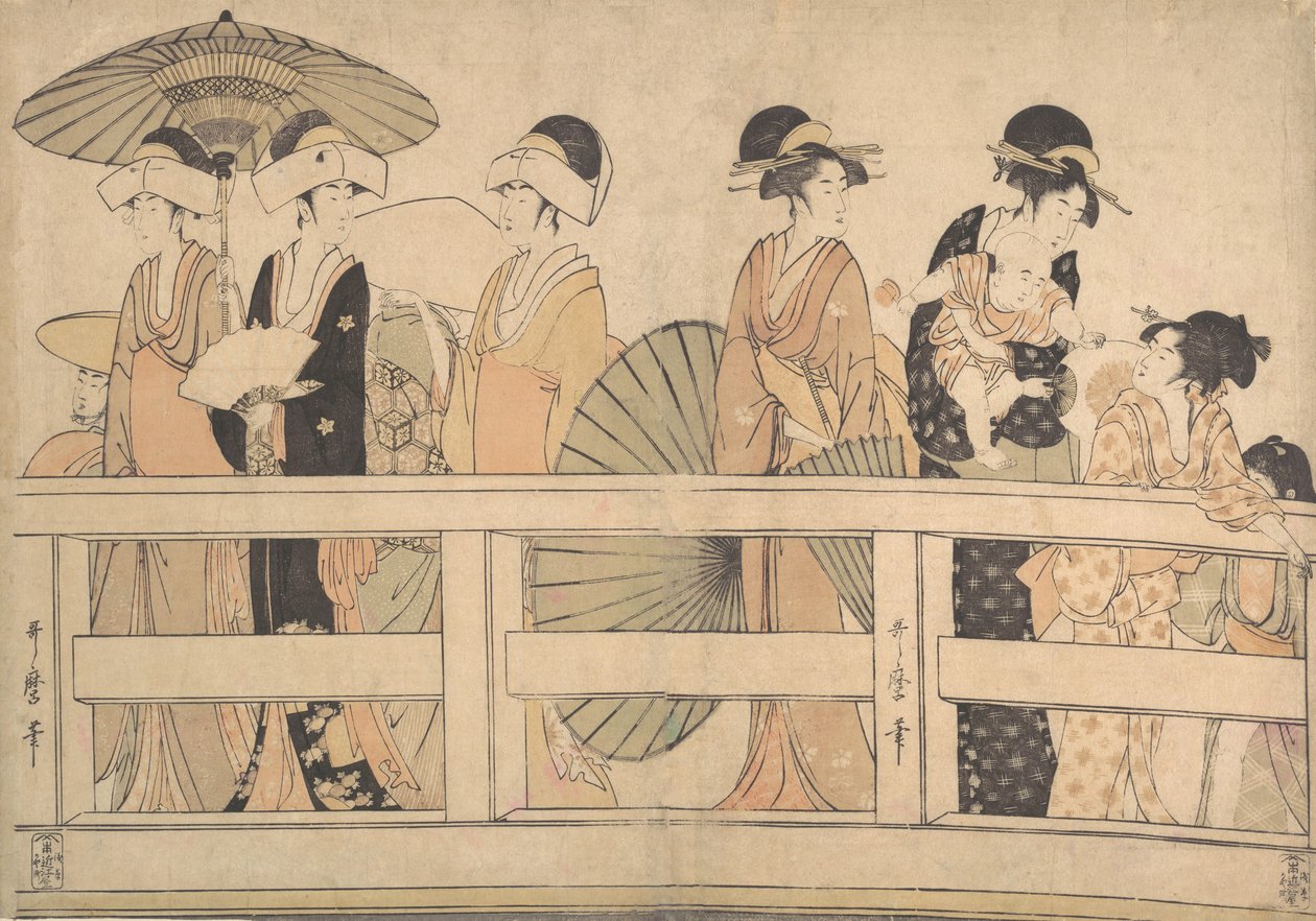 在......桥上享受清凉的晚风，约1800年。 作者 北川宇多郎