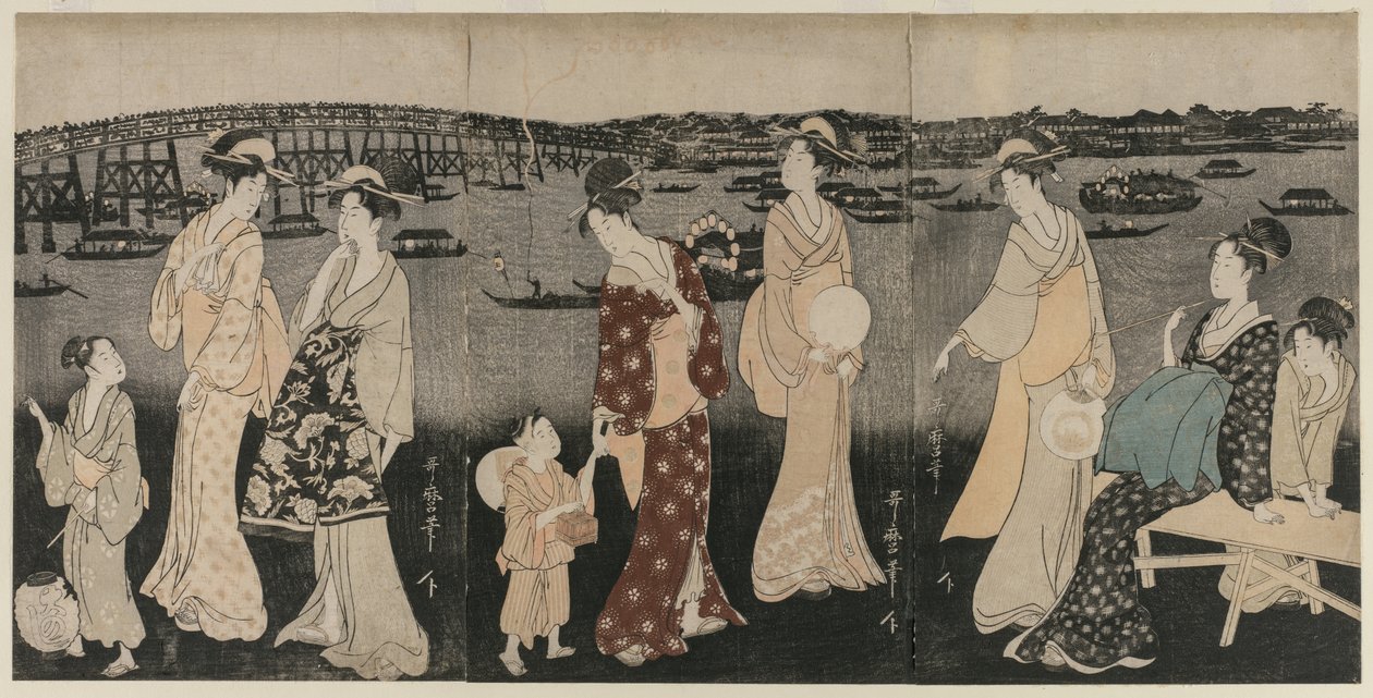 沿着隅田川享受夜晚的凉爽，约1797-98年。 作者 北川宇多郎