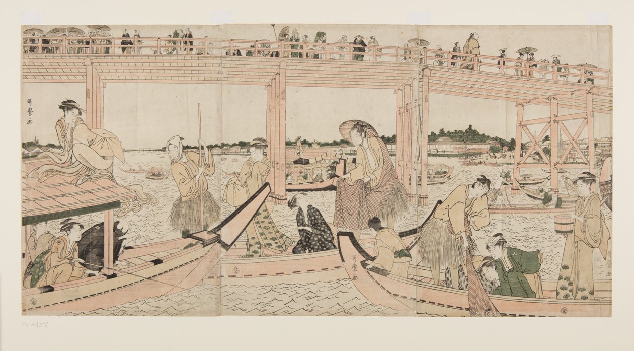 Ry?goku桥下带网的渔船（彩色木版画 作者 北川宇多郎