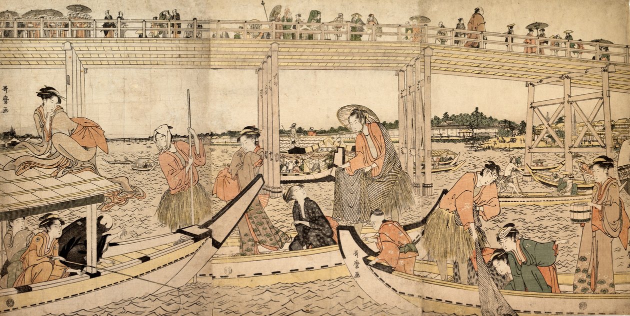 两国桥下带网的渔船，1790年代。 作者 北川宇多郎