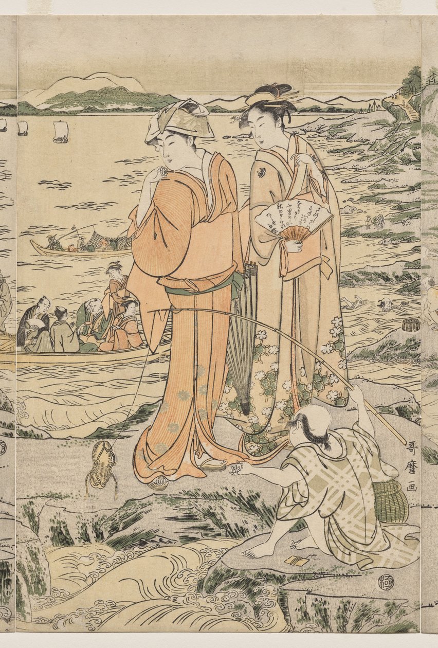 在江之岛的砧板岩钓鱼 作者 北川宇多郎