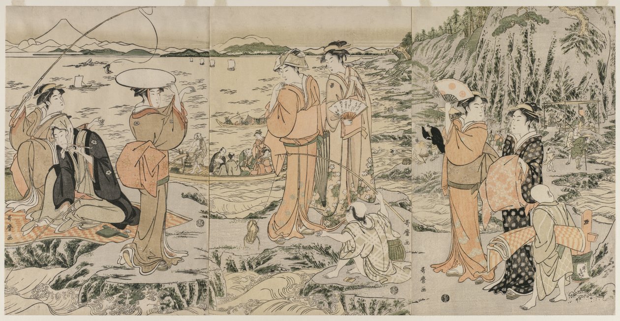 1790年代初期，在江之岛的砧板上钓鱼。 作者 北川宇多郎