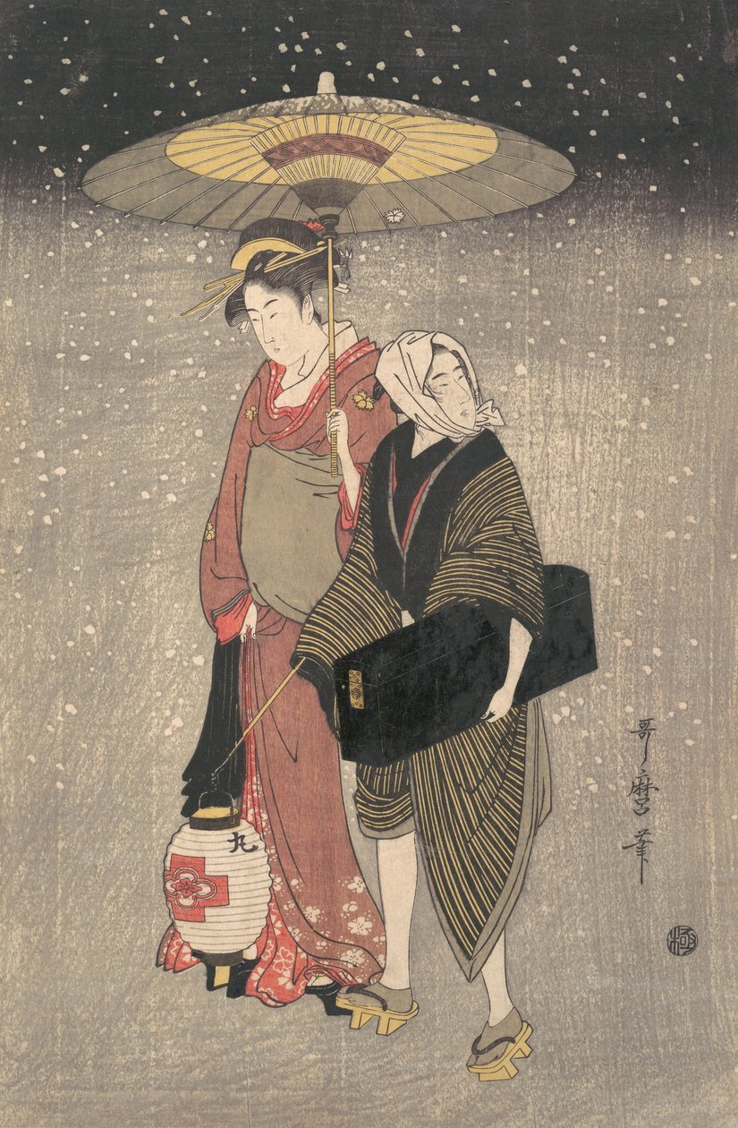 夜间走过雪地的艺妓，约1797年。 作者 北川宇多郎
