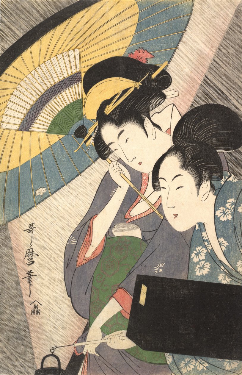 雨夜的艺妓和侍者，约1797年。 作者 北川宇多郎