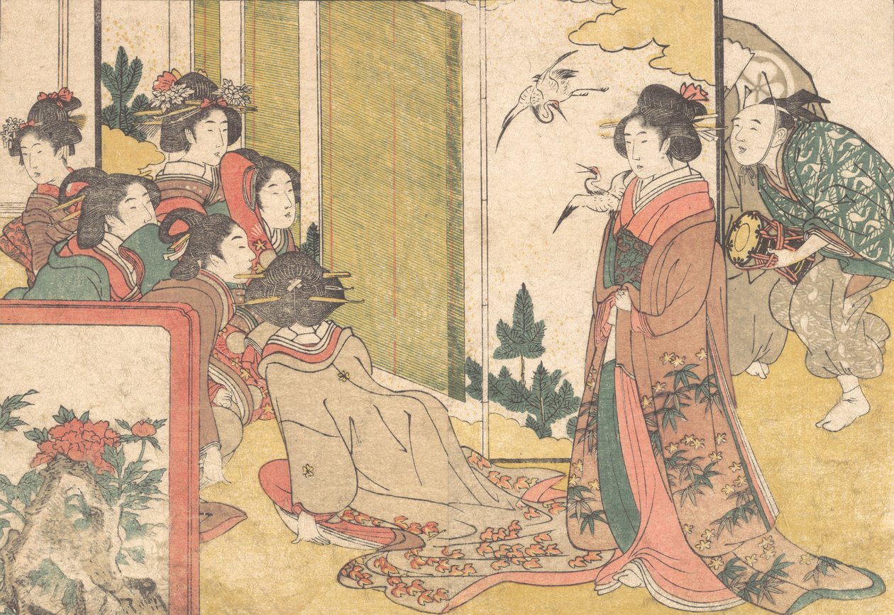 表演者招待的女孩，来自图画书《四季之花》，1801年。 作者 北川宇多郎