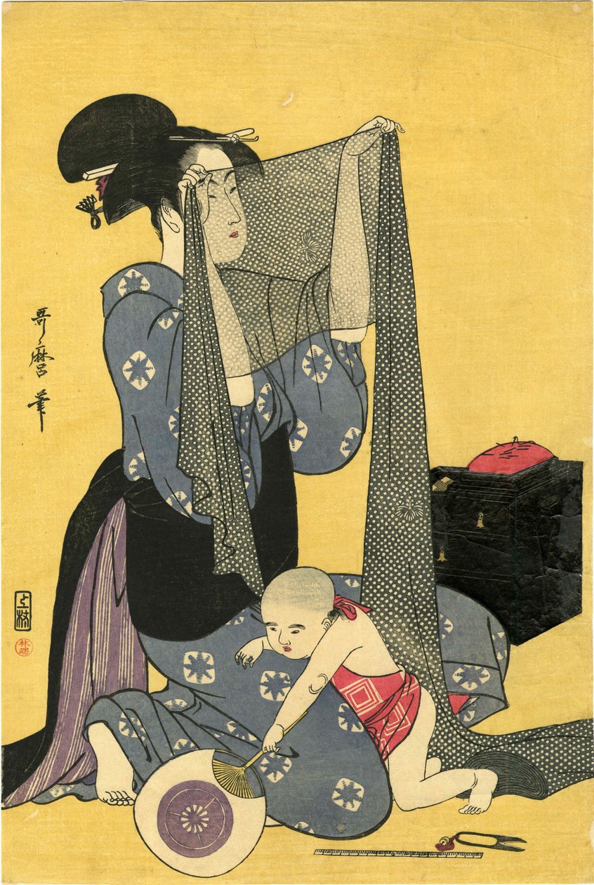 Hari-shigoto针法。三联画，左侧部分，1795年。 作者 北川宇多郎