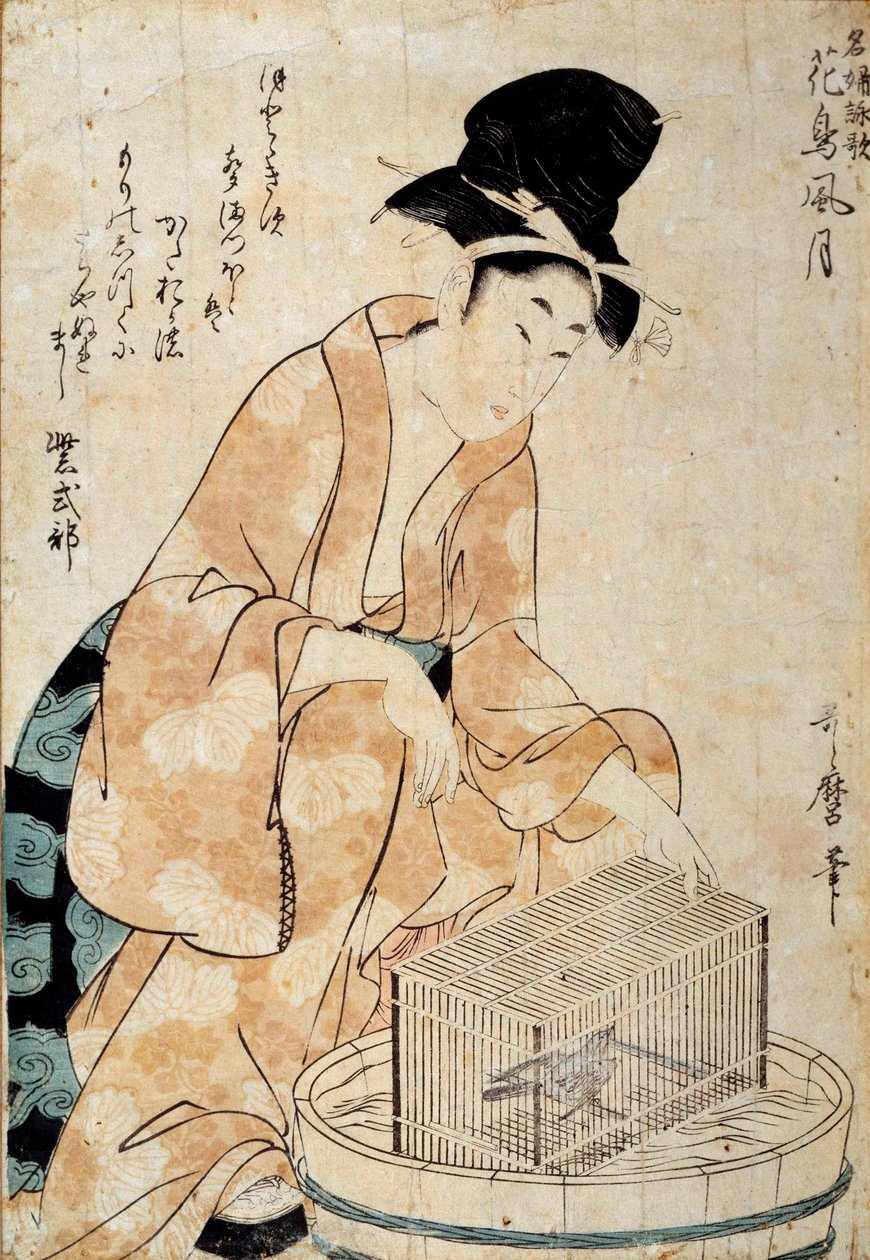 日本艺术：坐在鸟笼前的女人。 Outamaro (Utamaro) Kitagawa (1753-1806) 18 世纪雷恩，Musee des Beaux Arts 绘画 作者 北川宇多郎