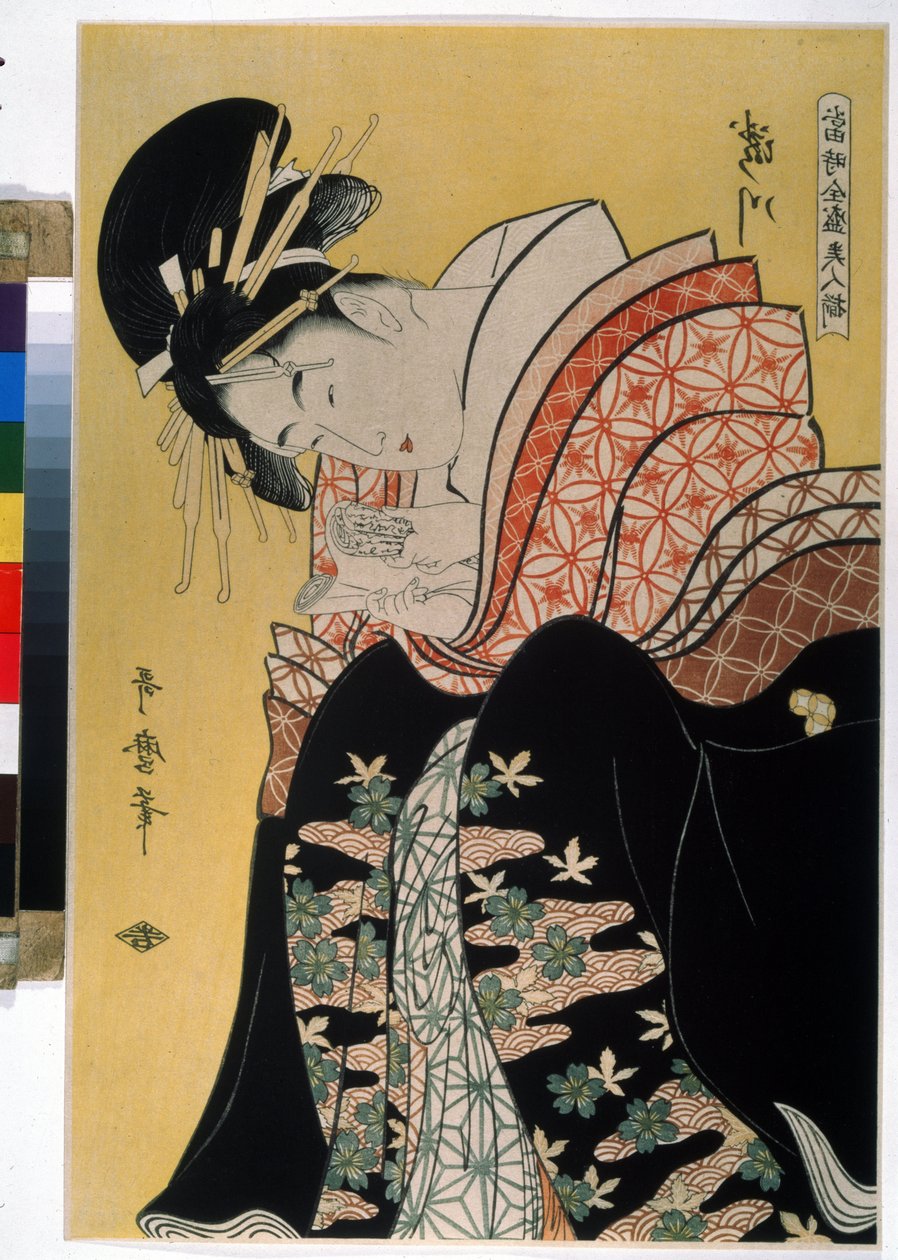 La belle Takigawa de la maison de the Ogi（茶馆 Ogi 的美女泷川）。收录于《当代著名美女》系列。Dessin de Kitagawa Utamaro (1754-1806)。花露水 作者 北川宇多郎