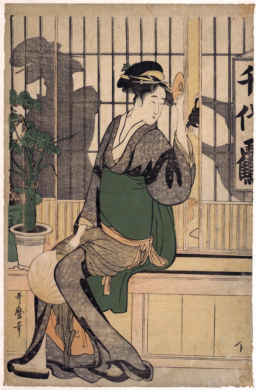 La maison de the Chiyozuru (ombres sur le shoji, paroi de papier) - The Chiyozuru Teahouse (Shadows on the Shoji) par Utamaro, Kitagawa (1753-1806) 作者 北川宇多郎