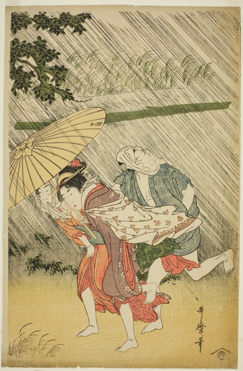 伞下的恋人，c.1797（彩色木版画；oban） 作者 北川宇多郎