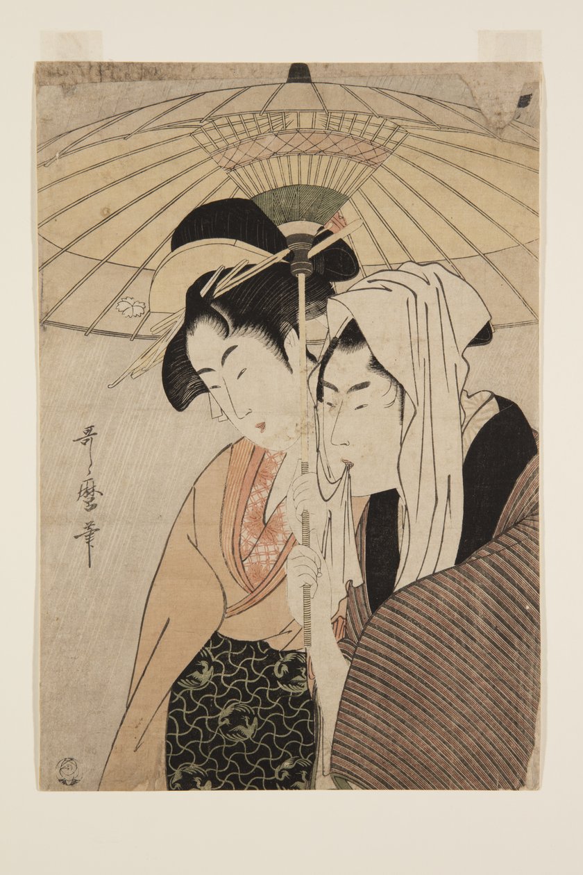 伞下的男人和女人（彩色木版画） 作者 北川宇多郎