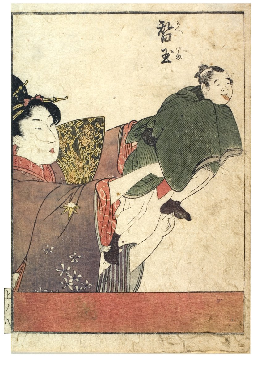 有男性和女性操纵者的木偶场景，约1758-1806年（纸上木版画） 作者 北川宇多郎