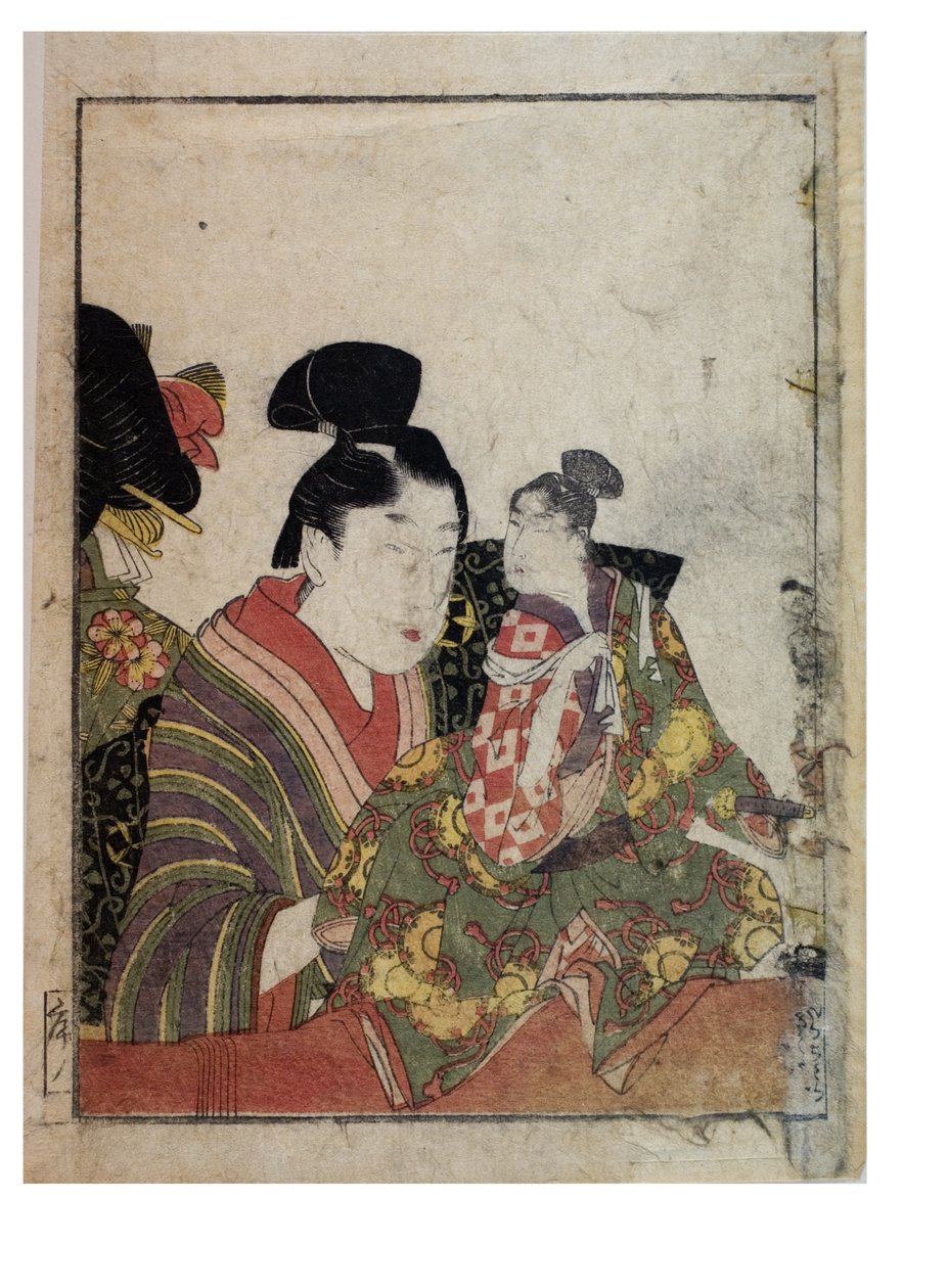 有男性和女性操纵者的木偶场景，约1758-1806年（纸上木版画） 作者 北川宇多郎