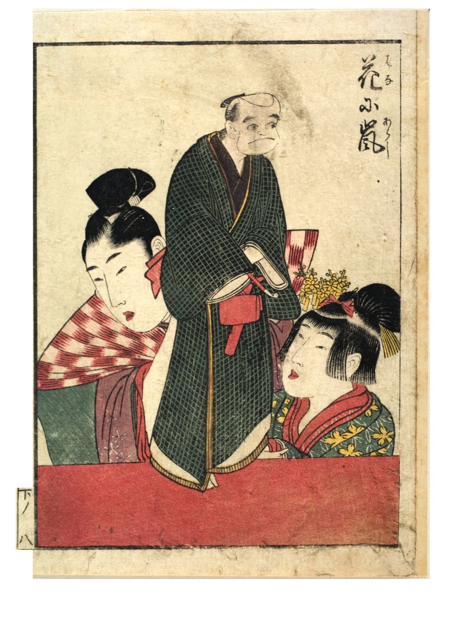 有男性和女性操纵者的木偶场景，约1758-1806年（纸上木版画） 作者 北川宇多郎