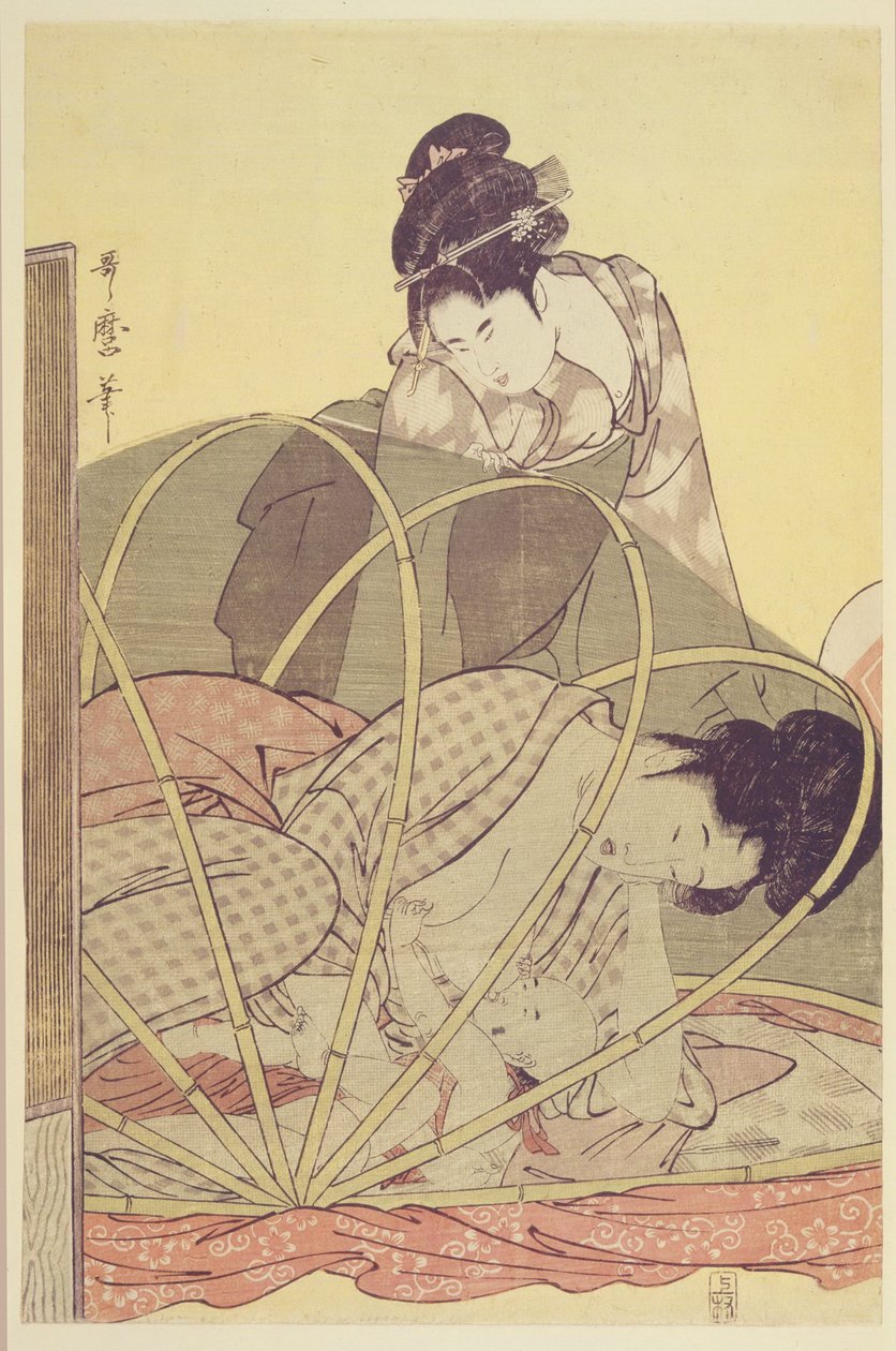 蚊帐下的母亲哺育婴儿c。 1795年 作者 北川宇多郎