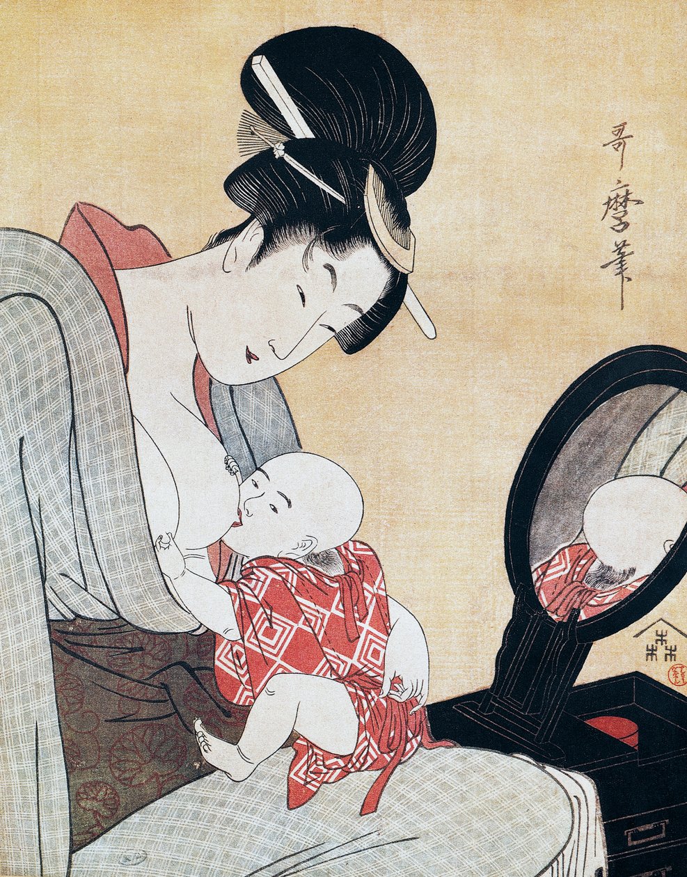 母亲给儿子喂奶，北川宇太郎（1753-1806）的浮世绘艺术版画，木刻，日本文明，江户时代 作者 北川宇多郎