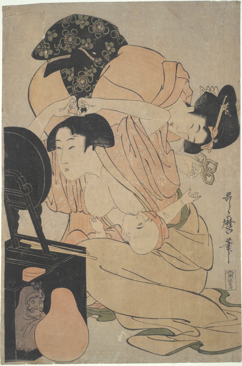 母亲带着哺乳的婴儿和服务员 作者 北川宇多郎