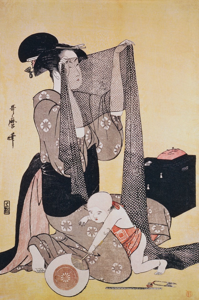 针线活，约1794年，北川宇太郎（1753-1806），木刻，日本，江户时代 作者 北川宇多郎