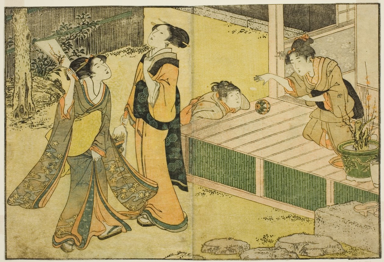 绘本《图画书》中的毽球、搏击球和手球等新年游戏：四季之花》，第 1 卷 作者 北川宇多郎