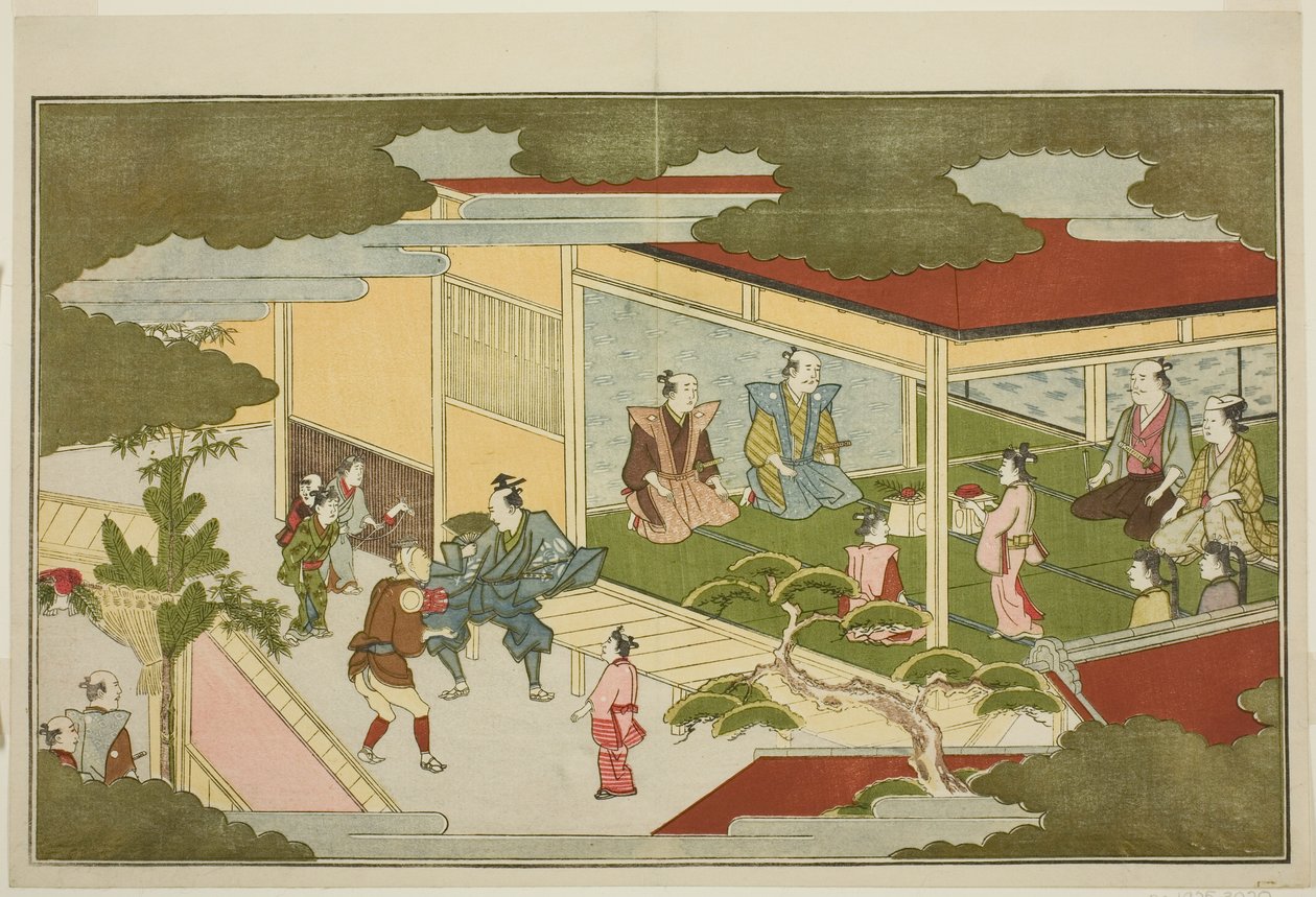 武士宅邸里的新年》，选自插图京香选集《年轻的神惠比寿（和歌惠比寿）》。 作者 北川宇多郎