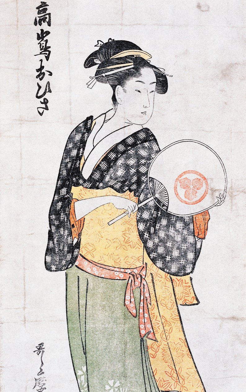 来自高岛茶馆的Ohisa，身穿和服、手持扇子的妇女，北川宇太郎（1753-1806）的浮世绘艺术版画，木刻，日本文明，江户时代 作者 北川宇多郎