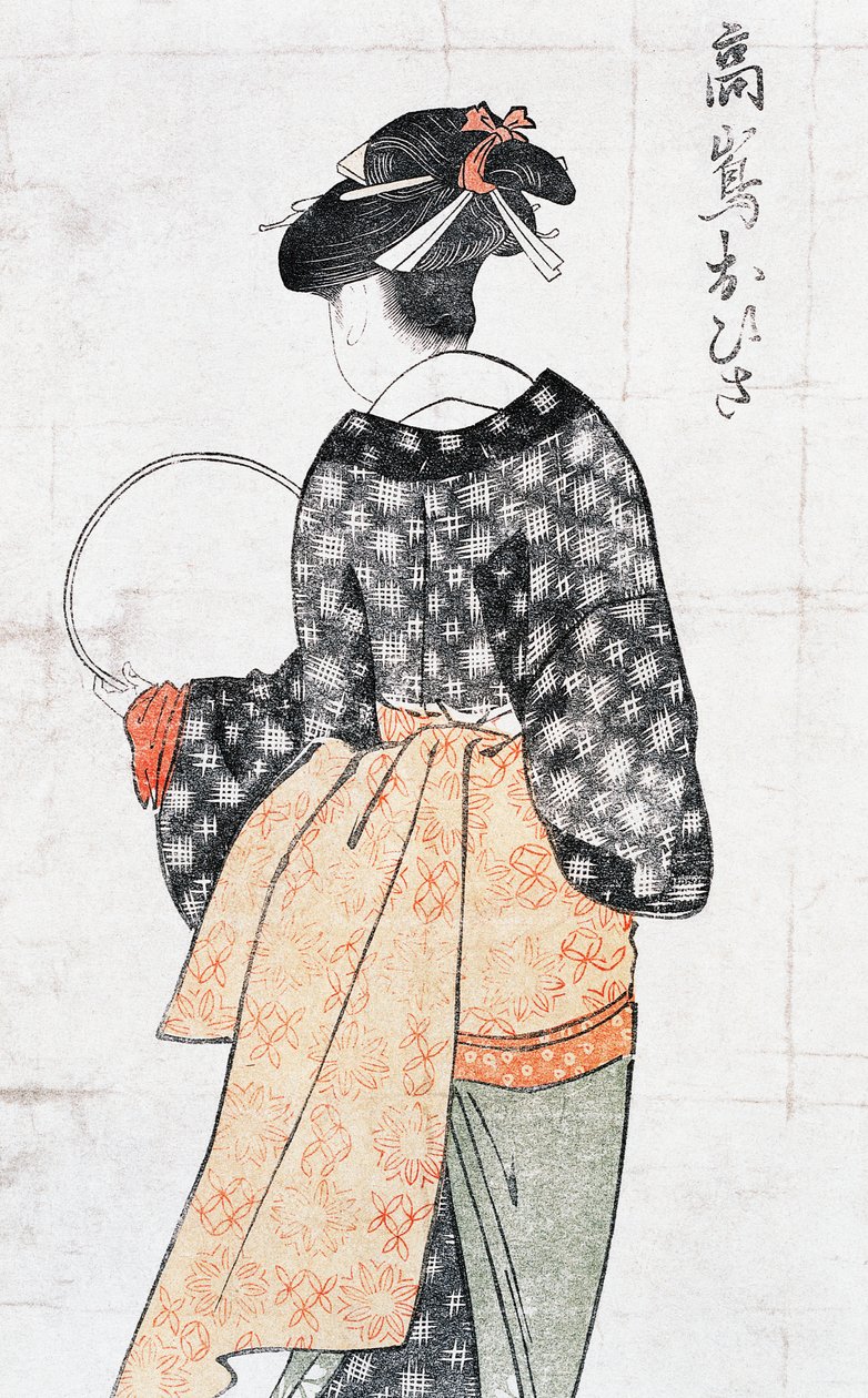 来自高岛茶馆的Ohisa，身穿和服、手持扇子的妇女，北川宇太郎（1753-1806）的浮世绘艺术版画，木刻，日本文明，江户时代 作者 北川宇多郎