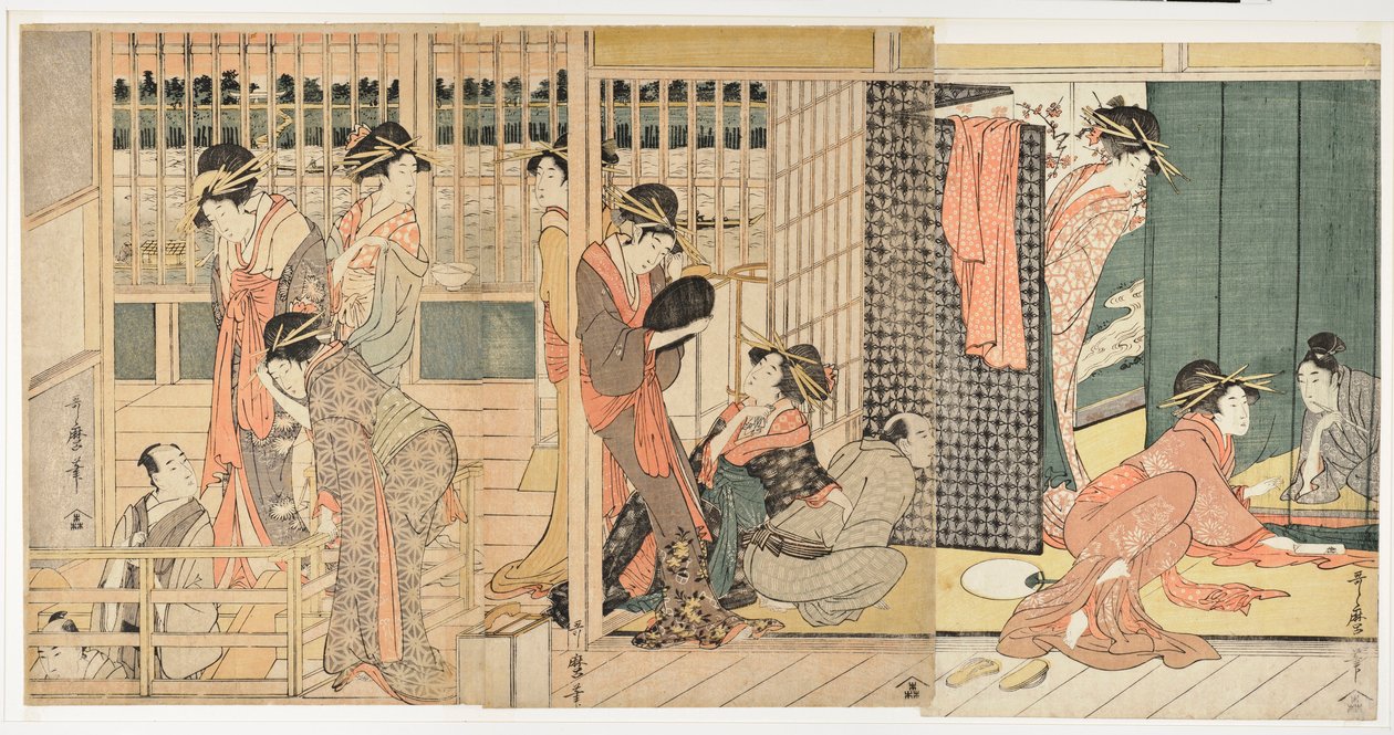 日本 "宽容之家"（karitaku）的晨景 - 北川宇多麿（1753-1806 年）的版画 作者 北川宇多郎