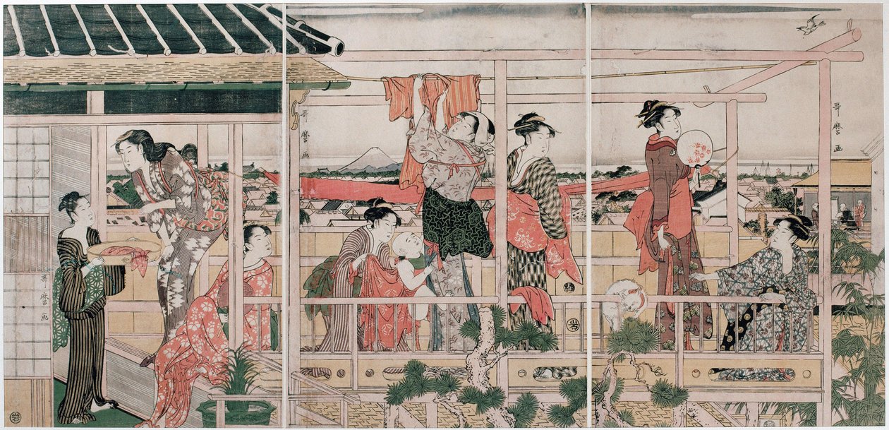 Sechage des vetements - Drying Clothes par Utamaro, Kitagawa (1753-1806), c. 1790 - Colour woodcut, 37,3x75,8 - Private Collection 作者 北川宇多郎