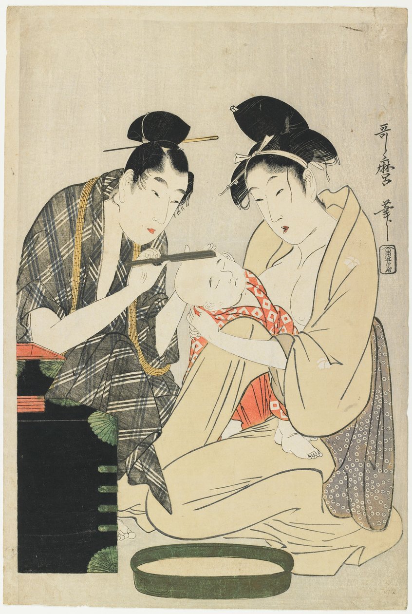 剃刀男孩的头，江户时代，c.1801（彩色木版画） 作者 北川宇多郎