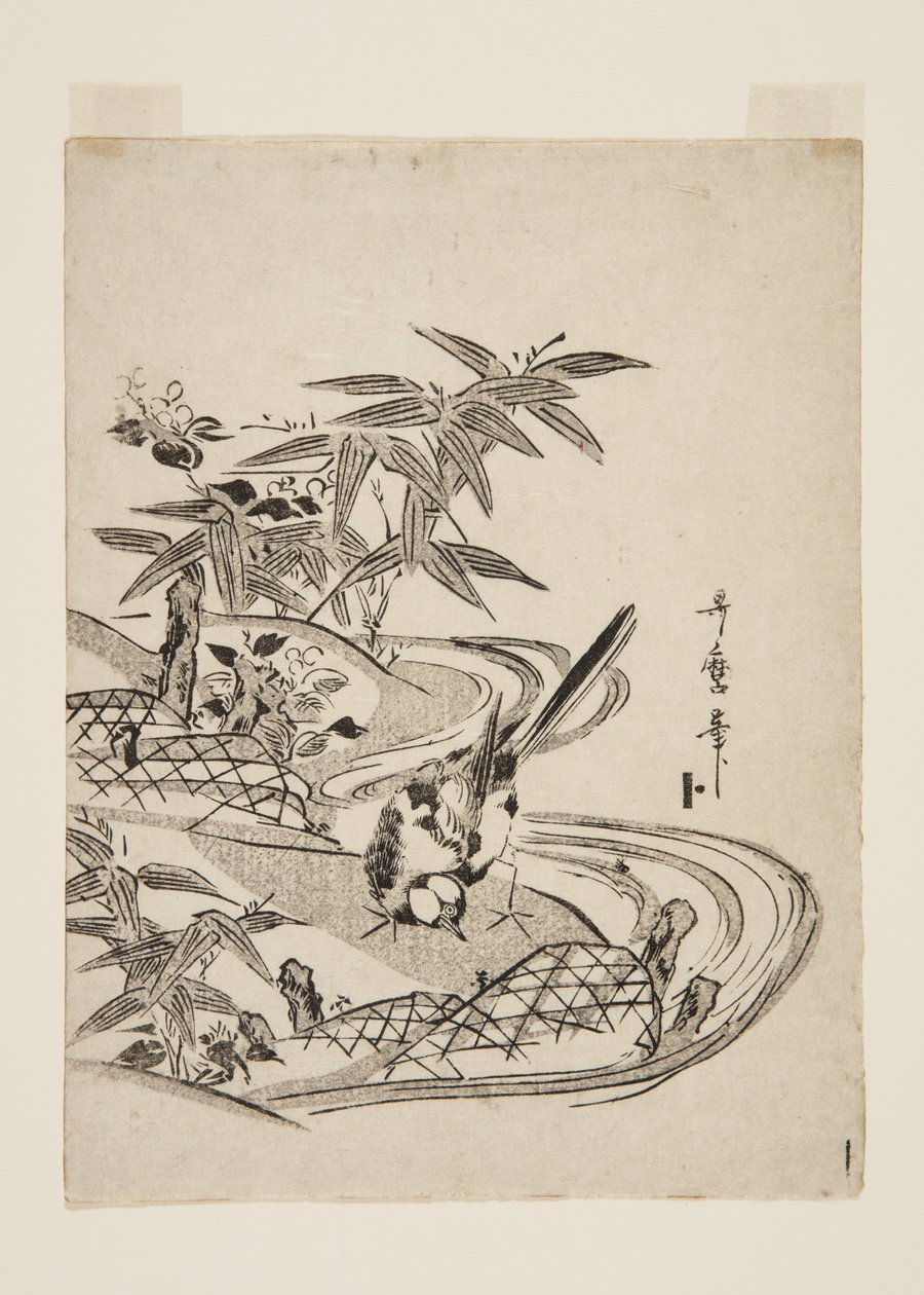 麻雀（彩色木版画 作者 北川宇多郎