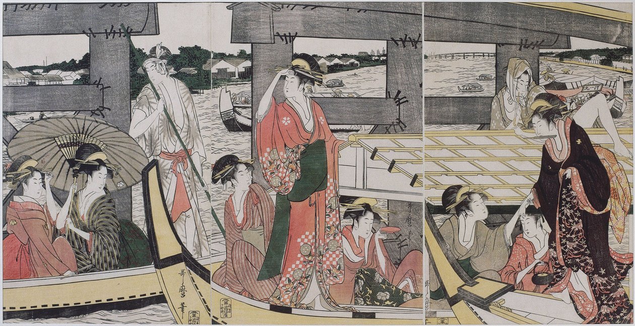 两国大桥（东京）上下 - 北川歌马郎（1753-1806）在两国大桥的顶部和下方，c。 1796 - 彩色木刻，38,2x74,6 - 私人收藏 作者 北川宇多郎